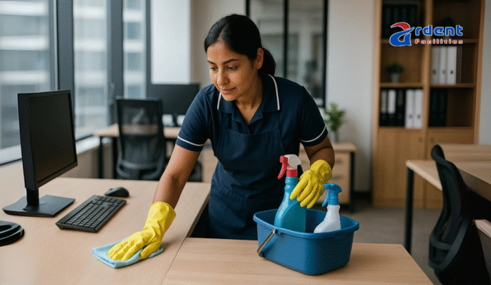 Housekeeping staff dusting and sanitizing office workspace in Ahmedabad