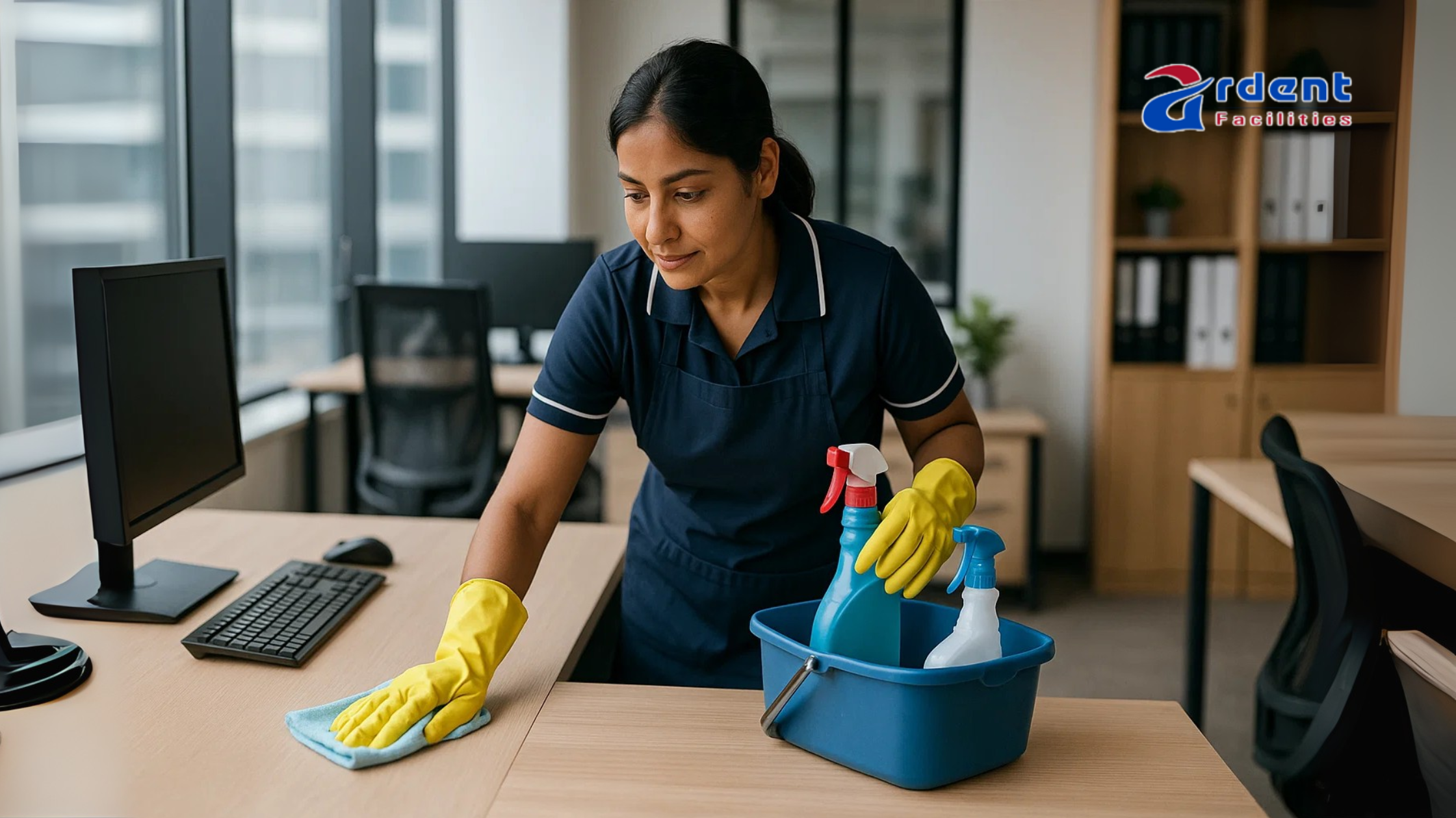 Housekeeping staff dusting and sanitizing office workspace in Ahmedabad