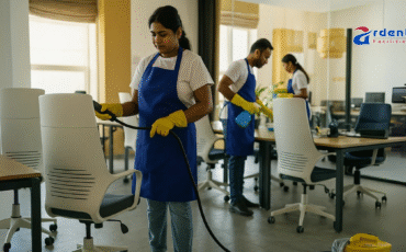 Professional housekeeping staff cleaning corporate office