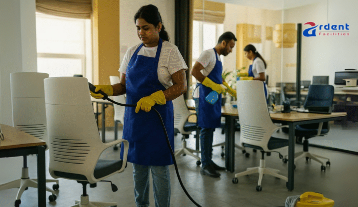 Professional housekeeping staff cleaning corporate office