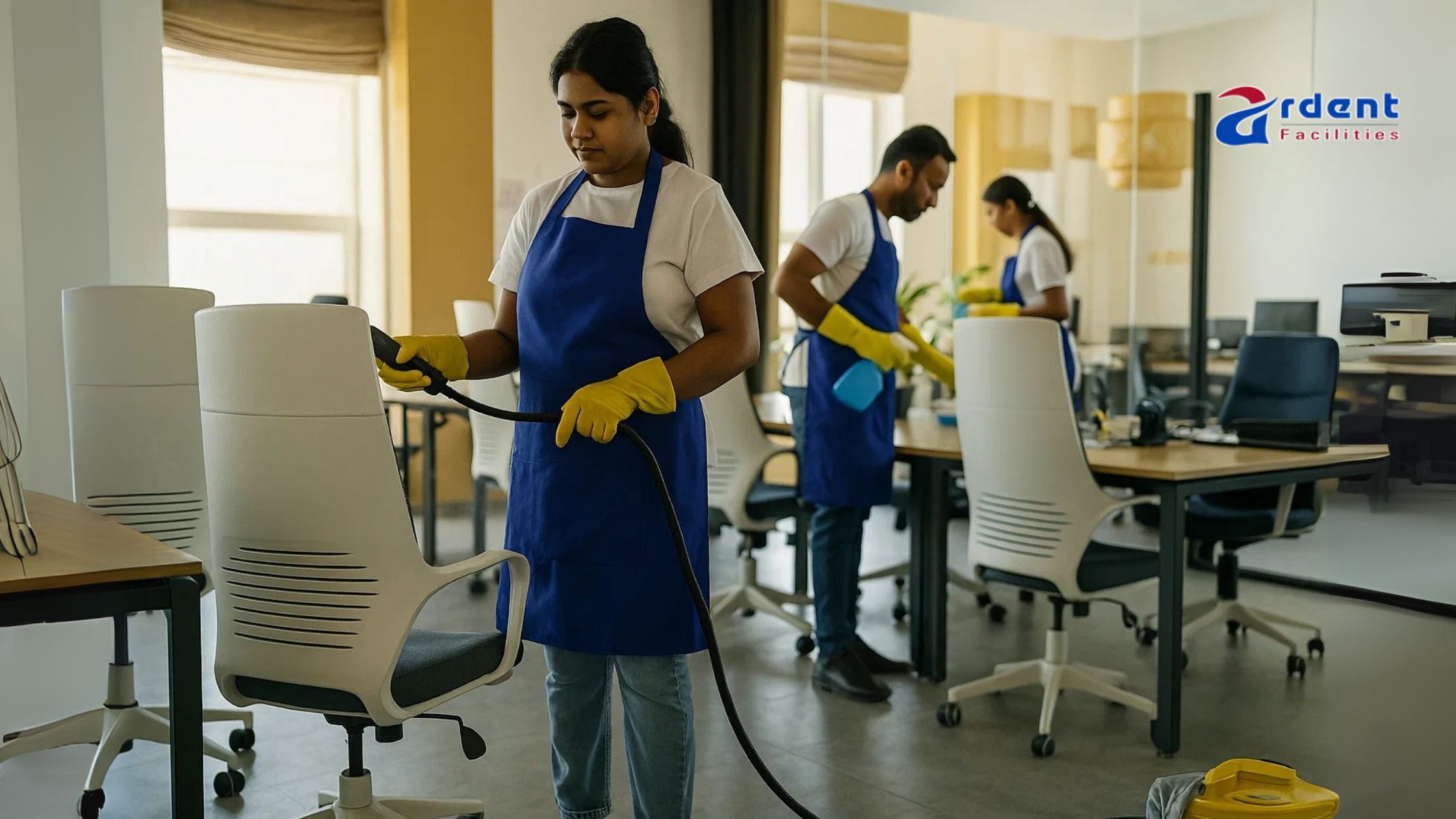 Professional housekeeping staff cleaning corporate office
