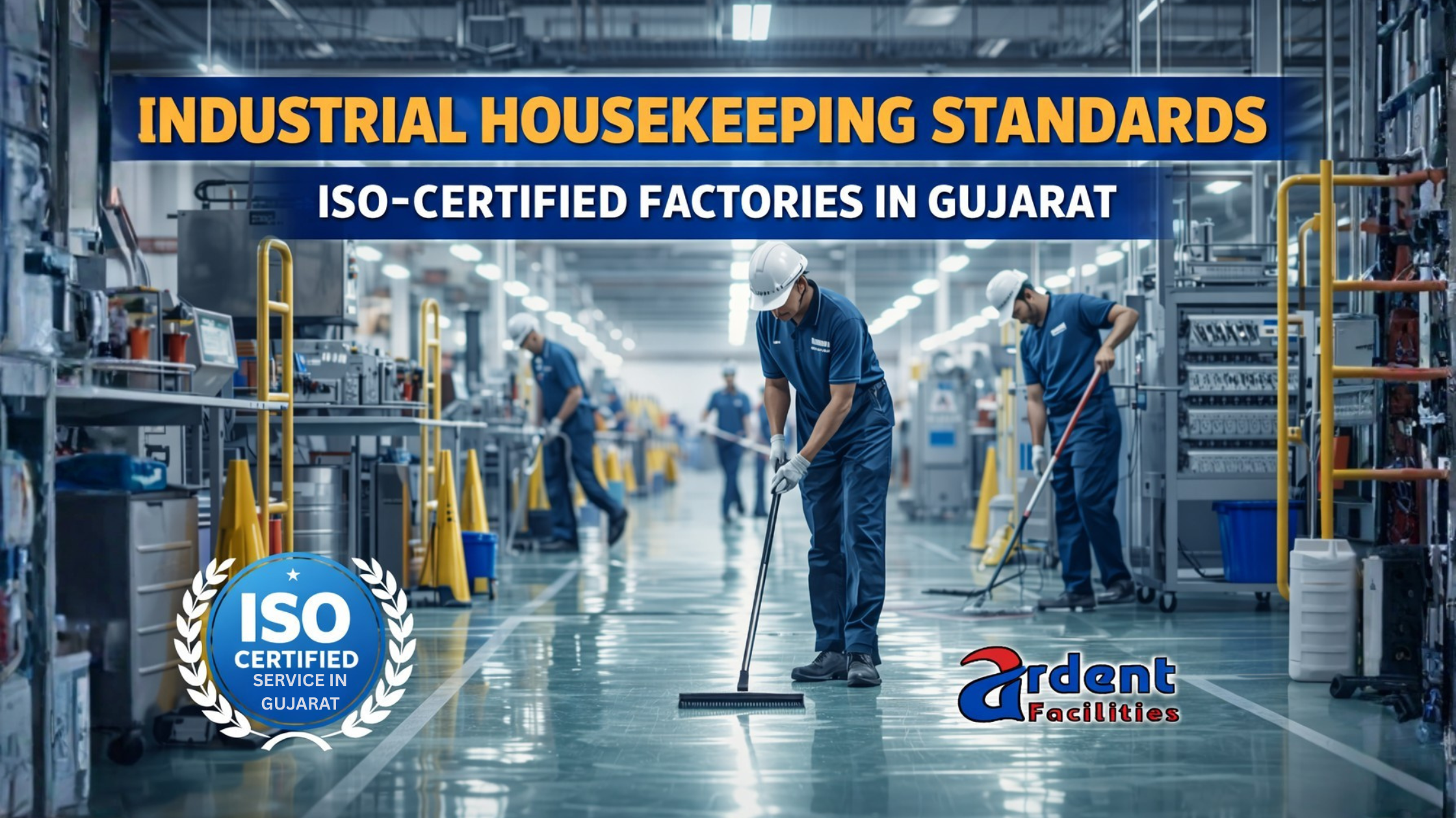 Industrial housekeeping standards for ISO-certified factories in Gujarat with professional cleaning staff in a manufacturing unit
