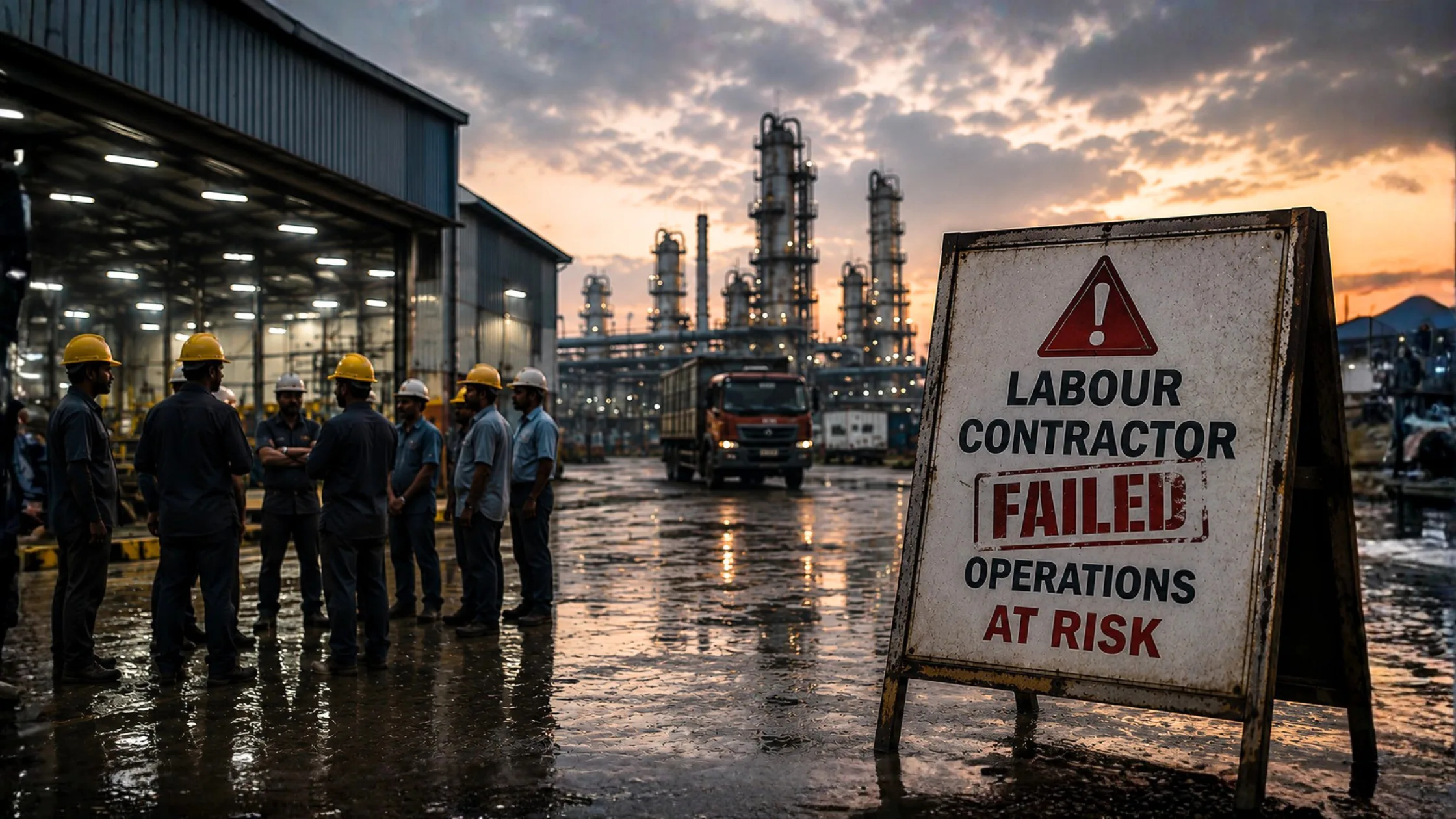 Factory manager reviewing labour contractor documents after contract failure in Gujarat
