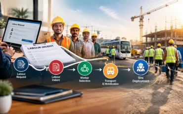 From Labour Indent to Site Deployment The Steps Between Requesting Workers and Starting Operations Labour contractor supervisor reviewing a labour indent checklist with plant manager at an industrial site in Gujarat