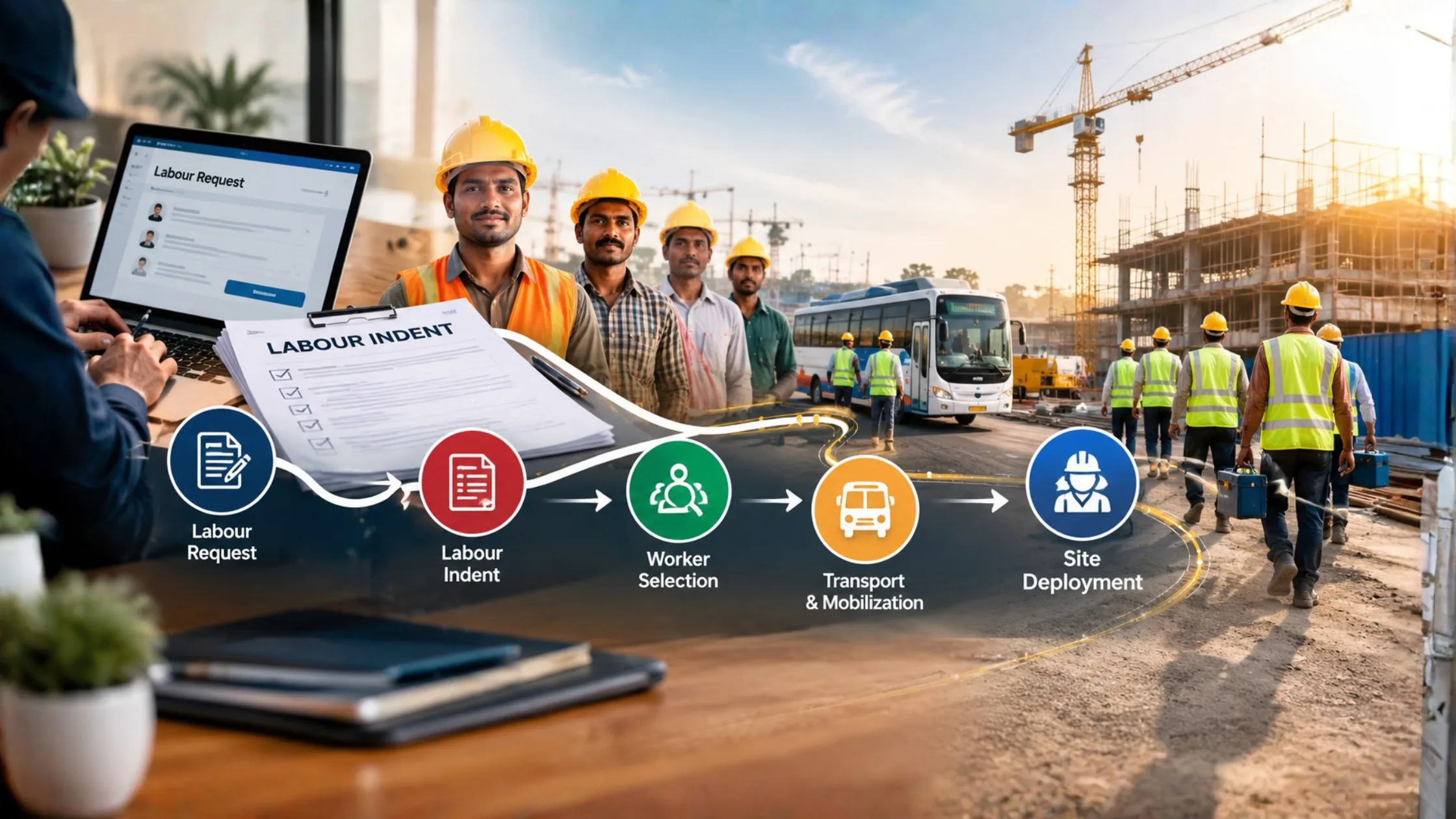 Labour contractor supervisor reviewing a labour indent checklist with plant manager at an industrial site in Gujarat