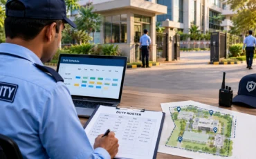 Security Guard Duty Roster Shift Planning & Site Coverage Security guard checking the duty roster at a factory main gate in Gujarat