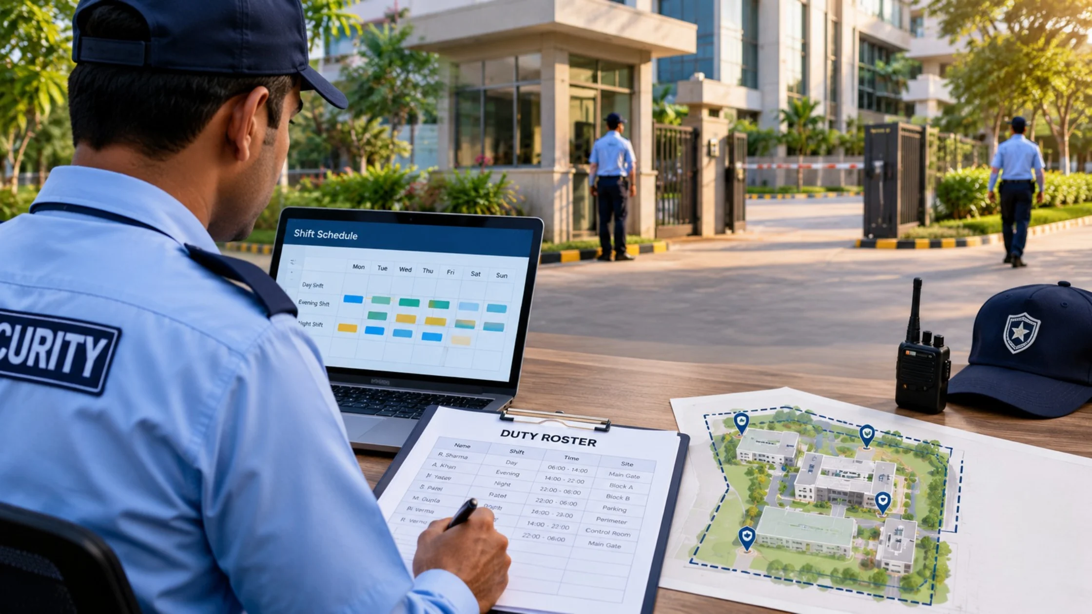 Security guard checking the duty roster at a factory main gate in Gujarat